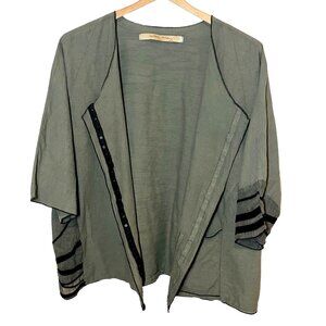 Cynthia Ashby Army Green Button Snap Lagenlook Short Sleeve Linen Shirt Size LG